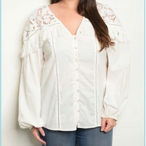 New Lantern Sleeve Tassel Lace Plus Size Top